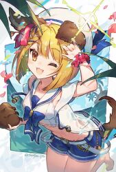 Rule 34 | 1girl, :3, animal ears, animal hands, arm up, bad feet, barefoot, belt, blonde hair, blue neckerchief, blue shorts, blue sky, bob cut, border, breasts, commentary, dog ears, dog girl, dog tail, feet out of frame, flower, granblue fantasy, hair flower, hair ornament, hat, hibiscus, highres, island, jacket, leg up, lens flare, looking at viewer, medium breasts, neckerchief, ocean, official alternate costume, one eye closed, open clothes, open jacket, open mouth, palm tree, red flower, sailor collar, sailor hat, scrunchie, see-through, see-through jacket, shorts, sky, smile, solo, soriya, tail, tank top, tree, twitter username, vajra (granblue fantasy), vajra (summer) (granblue fantasy), white belt, white hat, white sailor collar, white tank top, wrist scrunchie, yellow eyes