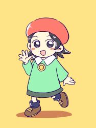 Rule 34 | 1girl, absurdres, adeleine, beret, black hair, blue socks, blush, blush stickers, brown footwear, child, collared shirt, female focus, flat chest, flat color, full body, green shirt, green skirt, hand up, happy, hat, highres, kirby (series), leg up, long sleeves, looking at viewer, miniskirt, miwa (ahyuck), nintendo, open mouth, purple eyes, red hat, shirt, shoes, short hair, sidelocks, simple background, skirt, smile, socks, solo, standing, standing on one leg, walking, waving, yellow background