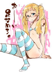 Rule 34 | 1girl, arm support, bikini, bikini top only, blonde hair, blue eyes, bottomless, flat chest, glasses, heart, leg up, long hair, no shoes, original, sitting, sketch, solo, striped clothes, striped thighhighs, swimsuit, takanashi ringo, tattoo, thighhighs, translated, twintails