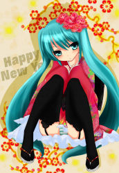 Rule 34 | 1girl, aqua eyes, aqua hair, garter straps, happy new year, hatsune miku, highres, japanese clothes, long hair, new year, panties, pantyshot, sandals, sitting, solo, striped clothes, striped panties, terun, thighhighs, twintails, underwear, very long hair, vocaloid