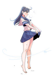 Rule 34 | 1girl, ahoge, barefoot, black eyes, blue hair, blue neckwear, blue sailor collar, blush, breasts, breath, callan (callancoe), clothes lift, kantai collection, large breasts, lifted by self, long hair, parted lips, profile, sailor collar, school uniform, serafuku, signature, simple background, skirt, skirt lift, solo, standing, sweat, tiptoes, ushio (kancolle), white background, wind