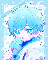 Rule 34 | 1boy, 8ra jelly, absurdres, ahoge, blue eyes, blue hair, blue theme, chongyun (genshin impact), colored eyelashes, cryo symbol (genshin impact), food, genshin impact, highres, holding, holding food, jacket, long hair, looking at viewer, open mouth, popsicle, rope, snowflakes, solo, talisman, white jacket