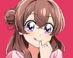 Rule 34 | 1girl, :q, blush, brown hair, delicious party precure, hair bun, highres, long hair, looking at viewer, nagomi yui, pink background, pink shirt, precure, purple eyes, shirt, simple background, single side bun, solo, tongue, tongue out, yufu kyouko