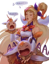 Rule 34 | :d, absurdres, aina (mayexplode), bare shoulders, black eyes, blonde hair, bow, bowtie, breasts, closed eyes, cowboy shot, detached sleeves, gem, hair ornament, hairclip, highres, holding, league of legends, long hair, long sleeves, music, musical note, official alternate costume, open mouth, pleated skirt, red bow, red bowtie, red skirt, seraphine (league of legends), singing, skirt, small breasts, smile, speech bubble, star guardian seraphine