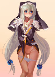 Rule 34 | 10s, 1girl, ass, blue eyes, blush, bow, bow panties, cleft of venus, clothes lift, commentary request, dress, dress lift, embarrassed, eris (konosuba), flashing, frilled sleeves, frills, gluteal fold, gradient background, hair between eyes, hair bobbles, hair ornament, hood, jewelry, knees together feet apart, kono subarashii sekai ni shukufuku wo!, legs together, lifted by self, long hair, long sleeves, looking away, necklace, panties, panties around thighs, panty pull, pendant, pussy, qb, silver hair, skirt, skirt lift, solo, standing, sweat, tears, thigh gap, thighs, underwear, veil, very long hair, white panties