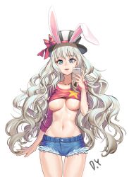 Rule 34 | 1girl, :d, absurdres, animal ears, arm at side, artist name, bad id, bad pixiv id, blonde hair, blue eyes, blue shorts, blush, bow, breasts, buttons, camera phone, cellphone, clothes lift, collarbone, crop top, cutoffs, denim, denim shorts, eyebrows, hat, hat bow, hat ornament, highres, holding, holding phone, hyoin, long hair, long sleeves, looking at viewer, medium breasts, midriff, navel, open mouth, original, phone, rabbit ears, red bow, shirt lift, short shorts, shorts, signature, simple background, smartphone, smile, solo, star (symbol), star print, stomach, taking picture, top hat, tsurime, underboob, very long hair, wavy hair, white background