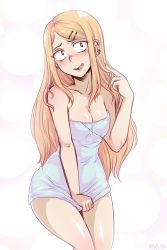 Rule 34 | 10s, 1girl, artist name, blush, breasts, brown hair, cleavage, contrapposto, covering privates, covering crotch, dagashi kashi, dojipan, ear piercing, earrings, endou saya, fang, jewelry, long hair, multiple piercings, naked towel, piercing, playing with own hair, pointing, pointing at self, signature, simple background, solo, standing, towel, towel pull