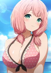 Rule 34 | 1girl, :3, absurdres, bang dream!, bare arms, bare shoulders, bikini, blue sky, blush, breasts, breasts squeezed together, cleavage, closed mouth, cloud, collarbone, commentary, day, frilled bikini, frills, front-tie bikini top, front-tie top, green eyes, highres, horizon, jewelry, large breasts, lens flare, long hair, looking at viewer, low twintails, necklace, noshimurin, ocean, official alternate costume, outdoors, pink bikini, pink hair, polka dot, polka dot bikini, short twintails, sky, smile, solo, swimsuit, twintails, uehara himari, upper body