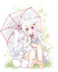 Rule 34 | 1girl, animal, animal ears, bare shoulders, barefoot, bug, butterfly, carrot hair ornament, clothes between thighs, dress, feet, flower, food-themed hair ornament, hair ornament, highres, insect, long hair, mitsuki, original, purple eyes, sitting, soles, solo, tail, toes, umbrella, white background, white hair, yano mitsuki (nanairo)