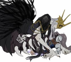 Rule 34 | 1boy, 1other, absurdres, aldrich devourer of gods, ambiguous gender, black cloak, black nails, boy on top, bug, chosen undead, cloak, closed mouth, dark souls (series), dark souls i, dark souls iii, dark sun gwyndolin, facing another, fingernails, gold headwear, grey hair, helm, helmet, highres, holding, holding sword, holding weapon, long hair, monster, nail polish, profile, see-through, sharp fingernails, skull, smile, sword, teeth, weapon, white background, zunkome