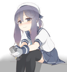 Rule 34 | 1girl, beer can, black thighhighs, blue neckerchief, blue ribbon, blue sailor collar, blue skirt, can, commentary request, drink can, feet out of frame, gloves, gradient hair, hat, highres, kantai collection, multicolored hair, neckerchief, orange hair, pleated skirt, puffy short sleeves, puffy sleeves, purple eyes, purple hair, ribbon, sailor collar, sailor hat, school uniform, serafuku, short hair, short sleeves, sidelocks, simple background, skirt, soba (sobaya1938), solo, squatting, strong zero, thighhighs, tsushima (kancolle), white background, white gloves, white hat