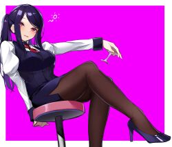 Rule 34 | 1girl, absurdres, bar stool, bartender, black footwear, black skirt, black vest, blush, border, breasts, brown pantyhose, champagne coupe, commentary request, cup, drinking glass, drunk, eyes visible through hair, foot out of frame, high heels, highres, holding, holding cup, jill stingray, leg up, legs, long hair, long sleeves, medium breasts, necktie, outstretched arm, pantyhose, parted lips, pink background, puffy long sleeves, puffy sleeves, purple hair, red eyes, red necktie, shirt, sidelocks, sitting, skirt, smile, solo, squeans, stool, swept bangs, twintails, va-11 hall-a, vest, white border, white shirt, yanagui