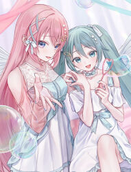 Rule 34 | 2girls, absurdres, aqua eyes, aqua hair, aqua nails, bare shoulders, blue eyes, bubble, bubble wand, collar, commentary, detached collar, dress, frilled collar, frills, hair between eyes, hair ornament, hair ribbon, hairclip, hand on another&#039;s shoulder, hatsune miku, highres, holding, knee up, light blush, long hair, looking at viewer, megurine luka, multiple girls, open hand, open mouth, pink hair, pink sleeves, ribbon, see-through, see-through sleeves, smile, symbol-only commentary, twintails, very long hair, vocaloid, vs0mr, white dress, white ribbon