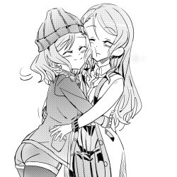 Rule 34 | 2girls, bang dream!, braid, buttons, closed eyes, coat, collared shirt, commentary request, cutoff jeans, cutoffs, greyscale, hand on another&#039;s waist, hat, highres, hug, jacket, junjun (kimi-la), long hair, medium hair, monochrome, multiple girls, nuzzle, pantyhose, pleated skirt, shirt, siblings, sisters, skirt, twin braids, twins