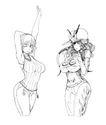 Rule 34 | 2girls, antennae, arm up, armpits, breasts, bug, character doll, cowboy shot, cropped legs, drawfag, fubuki (one-punch man), greyscale, hands on own chest, highres, horns, bug, arthropod girl, insect wings, large breasts, monochrome, monster girl, mosquito, mosquito girl, mosquito musume, multiple girls, one-punch man, one eye closed, saitama (one-punch man), short hair, single horn, sleeveless, tatsumaki, underboob, white background, wings