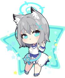 Rule 34 | 1girl, :o, animal ear fluff, animal ears, bare shoulders, blue archive, blue eyes, blue sailor collar, blush, chibi, commentary request, detached sleeves, full body, grey hair, hair between eyes, hair ornament, halo, hand up, idol clothes, long sleeves, looking at viewer, mischievous straight uniform (blue archive), nyaru (nyaru 4126), parted lips, pleated skirt, sailor collar, shiroko (blue archive), shirt, shoes, skirt, sleeveless, sleeveless shirt, solo, star (symbol), starry background, white background, white footwear, white shirt, white skirt, white sleeves