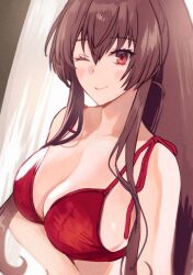 Rule 34 | 1girl, arm under breasts, bikini, blush, breasts, brown eyes, brown hair, cleavage, hair between eyes, kantai collection, kasumi (skchkko), large breasts, long hair, looking at viewer, one eye closed, ponytail, red bikini, sidelocks, smile, solo, striped clothes, swimsuit, upper body, vertical-striped clothes, very long hair, yamato (kancolle)