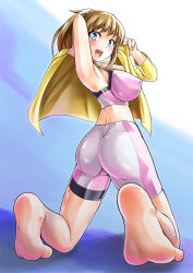 Rule 34 | 10s, 1girl, ass, back, barefoot, bike shorts, blonde hair, blue eyes, blush, boob and butt pose, breasts, covered erect nipples, feet, gundam, gundam build fighters, gundam build fighters try, hassen (8cm), hoshino fumina, jacket, large breasts, long hair, looking at viewer, open mouth, ponytail, shiny clothes, shiny skin, sideboob, smile, soles