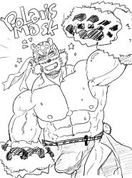 Rule 34 | 1boy, :d, ^ ^, abs, arm up, bara, bear mask, bear paws, closed eyes, covered penis, cowboy shot, facial hair, fang, fang out, goatee, greyscale, happy, highres, huge pectorals, live a hero, looking at viewer, male focus, mask, mature male, monochrome, muscular, muscular male, nipples, open mouth, polaris mask (live a hero), shirahae76642, smile, solo, sparkling aura, wrestling mask, wrestling outfit