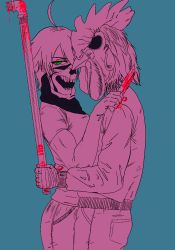 Rule 34 | 10s, 1boy, 1girl, bandaged hand, bandages, blood, blue background, chequita, combat knife, crossover, grabbing, green eyes, gutsbro14, highres, holding, holding knife, holding weapon, hotline miami, jacket, jacket (hotline miami), jormungand (manga), knife, mask, pants, pressing, shirt, short hair, simple background, sketch, smoking pipe, standing, tomboy, upper body, weapon