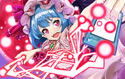 Rule 34 | 1girl, ascot, bat wings, blue hair, card, denden taiko, dress, full moon, glowing, hat, hat ribbon, holding, lightning, mob cap, moon, open mouth, outstretched arm, pink eyes, puffy short sleeves, puffy sleeves, red moon, red ribbon, remilia scarlet, ribbon, short sleeves, solo, touhou, wings, yu-gi-oh!