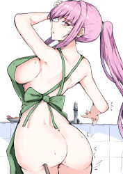 Rule 34 | 1girl, absurdres, apron, arm up, ass, blunt bangs, breasts, green apron, highres, hololive, hololive english, large breasts, long hair, looking at viewer, mori calliope, naked apron, pink hair, poking ass, ponytail, red eyes, sak1 01, sideboob, sidelocks, sink, solo, virtual youtuber