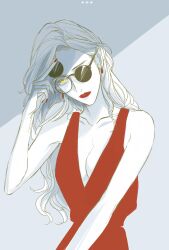 Rule 34 | 1girl, absurdres, bare shoulders, breasts, cleavage, clip-on sunglasses, collarbone, commentary, deerwhisky, dress, earrings, highres, jewelry, limited palette, lipstick, long hair, looking at viewer, makeup, medium breasts, original, red dress, red lips, round eyewear, shade, sleeveless, sleeveless dress, solo, sunglasses, upper body, yellow eyes