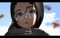 Rule 34 | 1girl, autumn leaves, black hoodie, blurry, blurry background, brown eyes, brown hair, cloud, dtroy, english text, floating, forehead, glasses, grey jacket, highres, hood, hood up, hoodie, jacket, falling leaves, light smile, looking up, mole, mole above mouth, original, round eyewear, sky, solo, subtitled, zipper pull tab