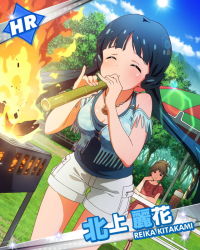 Rule 34 | 10s, 2girls, bamboo, blue hair, breasts, brown hair, character name, cleavage, cooking, fire, grill, grilling, idolmaster, idolmaster million live!, jewelry, kitakami reika, long hair, multiple girls, necklace, official art, shorts, tenkuubashi tomoka, twintails