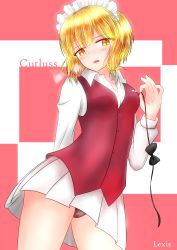 Rule 34 | 10s, 1girl, absurdres, black panties, blonde hair, blush, breasts, checkered background, cutlass (girls und panzer), girls und panzer, highres, lexis, looking at viewer, maid headdress, panties, simple background, skirt, small breasts, solo, underwear, upskirt, yellow eyes