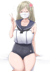 Rule 34 | 1girl, black neckerchief, black one-piece swimsuit, blue sailor collar, breasts, commentary request, cosplay, crop top, flower, glasses, grey hair, hair flower, hair ornament, highres, kantai collection, katori (kancolle), large breasts, long hair, mask, mouth mask, neckerchief, one-piece swimsuit, ro-500 (kancolle), ro-500 (kancolle) (cosplay), sailor collar, school swimsuit, shirt, simple background, sitting, sleeveless, sleeveless shirt, solo, swimsuit, takomeshi, v, white background, white shirt