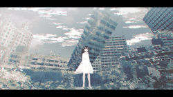 Rule 34 | 1girl, arms behind back, bad id, bad pixiv id, bare legs, black eyes, black hair, building, bush, chromatic aberration, cityscape, commentary, dress, facing viewer, highres, letterboxed, long hair, meola, original, ruins, sandals, scenery, sky, skyscraper, tree, white dress