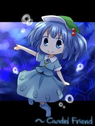 Rule 34 | 1girl, absurdres, blue eyes, blue hair, blush, bubble, chibi, female focus, hair bobbles, hair ornament, hat, highres, kawashiro nitori, key, letterboxed, matching hair/eyes, outstretched arm, shirt, skirt, skirt set, smile, solo, touhou, twintails, two side up, underwater, yamabuki (yusuraume)