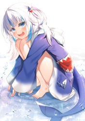 Rule 34 | 1girl, :d, absurdres, bare legs, barefoot, blue eyes, blue hair, blue hoodie, blue nails, blush, commentary, english commentary, feet, fins, fish tail, from side, full body, gawr gura, gawr gura (1st costume), hair ornament, highres, hololive, hololive english, hood, hood down, hoodie, knees to chest, long hair, long sleeves, looking at viewer, looking to the side, multicolored hair, nail polish, one side up, open mouth, shark hair ornament, shark tail, sharp teeth, sleeves past wrists, smile, solo, squatting, streaked hair, tail, takuro (taku3949), teeth, toenail polish, toenails, upper teeth only, v-shaped eyebrows, virtual youtuber, white background, white hair, wide sleeves