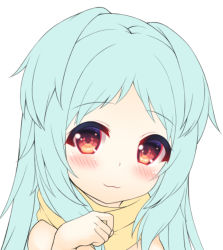 Rule 34 | 1girl, blue hair, blush, brown scarf, closed mouth, commentary request, hand up, long hair, looking at viewer, miyako (princess connect!), parted bangs, princess connect!, red eyes, sakuraba hikaru (loveindog), scarf, simple background, smile, solo, two side up, unfinished, upper body, white background