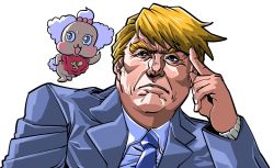 Rule 34 | 1boy, blonde hair, blue jacket, blue neckwear, closed mouth, commentary request, donald trump, hand up, index finger raised, jacket, kirakira precure a la mode, long sleeves, male focus, necktie, ngindza, pekorin (precure), politician, precure, real life, simple background, swept bangs, white background