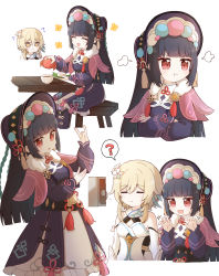 Rule 34 | 2girls, :t, ?, ^ ^, ^o^, absurdres, blonde hair, bonnet, camera, capelet, closed eyes, crab, crossed arms, cup, dress, closed eyes, flower, food, genshin impact, hair flower, hair ornament, highres, hime cut, long sleeves, lumine (genshin impact), multiple girls, pout, purple hair, red eyes, simple background, sitting, sweatdrop, table, teacup, thought bubble, tofu, white background, yellow eyes, yoshinao (yoshinao 0203), yun jin (genshin impact)
