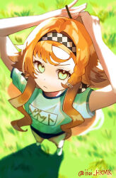 Rule 34 | 1girl, :/, arms behind head, arms up, black buruma, buruma, checkered hairband, commentary request, full body, grass, green eyes, gym shirt, gym uniform, hands up, highres, hikimori hikiko, long hair, looking at viewer, looking up, name tag, orange hair, reverse:1999, rubber band, shadow, shirt, short sleeves, solo, sonetto (reverse:1999), standing, twitter username, tying hair, v-shaped eyebrows, white footwear, white shirt