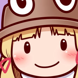 Rule 34 | blonde hair, blush, chibi, close-up, commentary request, hat, looking at viewer, moriya suwako, smile, solo, tottsuman, touhou, wide face
