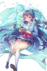 Rule 34 | 1girl, :o, ahoge, aiolos (soccer spirits), alternate form, aqua eyes, badge, black hair, blue bow, blue jacket, bow, button badge, cellphone, flower, full body, glasses, hair bobbles, hair ornament, highres, holding, holding phone, hologram, jacket, kneehighs, licking lips, long hair, long sleeves, looking at viewer, multiple girls, official art, petals, phone, plaid, plaid skirt, pocket, pointy ears, red-framed eyewear, shoes, skirt, smartphone, sneakers, soccer spirits, socks, striped, striped bow, tongue, tongue out, transparent background, very long hair, white hair, white socks, x hair ornament, yeonwa