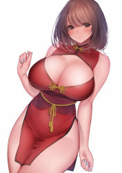 Rule 34 | 1girl, amane ruri, aqua nails, arm at side, bare arms, bare shoulders, blush, breasts, brown eyes, brown hair, china dress, chinese clothes, cleavage, cleavage cutout, closed mouth, clothing cutout, commentary request, cowboy shot, dress, dutch angle, fingernails, hair between eyes, hand up, head tilt, highres, large breasts, looking at viewer, medium hair, nail polish, original, red dress, side slit, simple background, sleeveless, sleeveless dress, smile, solo, standing, tassel, white background