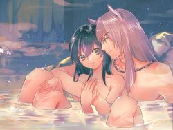 Rule 34 | 1boy, 1girl, animal ears, arm around shoulder, bathing, bead necklace, beads, black hair, breasts, cleavage, couple, dog ears, grey hair, hair between eyes, highres, higurashi kagome, inuyasha, inuyasha (character), jewelry, long hair, looking at another, makochan, medium breasts, mixed-sex bathing, necklace, nude, onsen, partially submerged, shared bathing, sidelocks, smile, wet