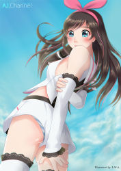 Rule 34 | 1girl, arm behind back, arm grab, ass, bare shoulders, blue eyes, blush, breasts, brown hair, copyright name, detached sleeves, highres, kizuna ai, kizuna ai inc., lace, lace-trimmed legwear, lace trim, long hair, midriff, panties, panty peek, pantyshot, pink ribbon, redlynx, ribbon, sideboob, small breasts, solo, standing, striped clothes, striped panties, thighhighs, thighs, underwear, virtual youtuber