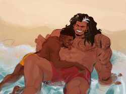 Rule 34 | 2boys, baptiste (overwatch), bara, beach, beard, black hair, chest tattoo, couple, dark-skinned male, dark skin, day, facial hair, feet out of frame, from above, full beard, happy, highres, jona-draws, large pectorals, lying on person, male focus, male swimwear, mature male, mauga (overwatch), multiple boys, muscular, muscular male, mustache, nipples, ocean, orange male swimwear, outdoors, overwatch, overwatch 2, pectorals, red male swimwear, sand, shoulder tattoo, size difference, smile, strongman waist, swim trunks, tattoo, thick eyebrows, topless male, undercut, unfinished, yaoi
