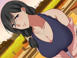 Rule 34 | (zenpen) kanojo no mama no yuiko-san, 1girl, bare shoulders, black hair, blush, botamochi, breasts, cleavage, cloud, dutch angle, earrings, evening, female focus, hair over shoulder, happy, highres, jacket, jewelry, large breasts, light blush, long hair, looking at viewer, low-tied long hair, mole, mole under eye, off-shoulder jacket, off shoulder, original, outdoors, pendant, purple eyes, sky, smile, solo, standing