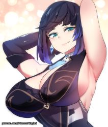 Rule 34 | 1girl, armpits, arms behind head, blue hair, blue leotard, breasts, cleavage, closed mouth, dice, earrings, elbow gloves, genshin impact, gloves, green eyes, highres, hinghoi, jewelry, large breasts, leotard, looking at viewer, short hair, sideboob, single elbow glove, smile, solo, upper body, yelan (genshin impact)