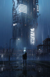 Rule 34 | 1girl, absurdres, asteroid ill, black coat, black footwear, body armor, boots, building, city, city lights, cityscape, coat, crane (machine), halo, highres, iz (asteroid ill), lamppost, long hair, looking ahead, mechanical hands, neon lights, neon trim, night, original, outdoors, rain, road, scenery, science fiction, skyline, skyscraper, solo, spotlight, standing, street, tactical clothes, white hair, wind
