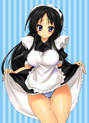 Rule 34 | 00s, 1girl, akiyama mio, alternate costume, black hair, blush, breasts, clothes lift, dress, dress lift, enmaided, k-on!, large breasts, long hair, maid, panties, purple eyes, pussy juice, sanshoku amido, solo, striped clothes, striped panties, tears, underwear, wet, wet clothes, wet panties