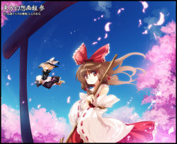 Rule 34 | 2girls, bare shoulders, blonde hair, bow, broom, broom riding, brown eyes, brown hair, cherry blossoms, detached sleeves, female focus, hair bow, hakurei reimu, hat, japanese clothes, kirisame marisa, long hair, miko, multiple girls, sky, tokiame, touhou, witch, witch hat