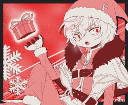 Rule 34 | 1boy, accelerator (toaru majutsu no index), albino, ambiguous gender, androgynous, antlers, arm at side, arrow print, belt, black belt, black border, blush, border, box, capelet, chain necklace, christmas present, crossed legs, diagonal stripes, electrodes, fang, fur-trimmed capelet, fur-trimmed headwear, fur-trimmed legwear, fur trim, gift, gift box, gloves, hair between eyes, hand up, hat, highres, horns, jewelry, limited palette, long sleeves, looking to the side, multiple belts, necklace, open hand, open mouth, pale skin, pants, red background, red eyes, red hat, red pants, reindeer antlers, sanpaku, santa costume, santa gloves, santa hat, short hair, sitting, snowflake background, solo, striped, teeth, toaru majutsu no index, two-tone shirt, upper body, upper teeth only, white gloves, white hair, wo zatta